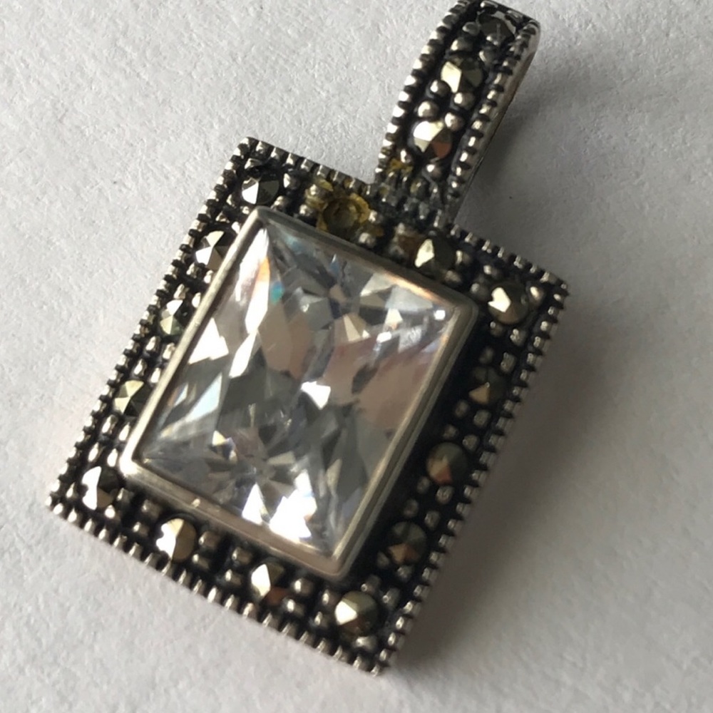 Vintage Stamped Silver Marcasite & Crystal Pendant